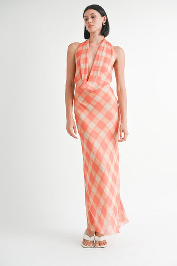 Coral Plaid Halter Maxi Dress